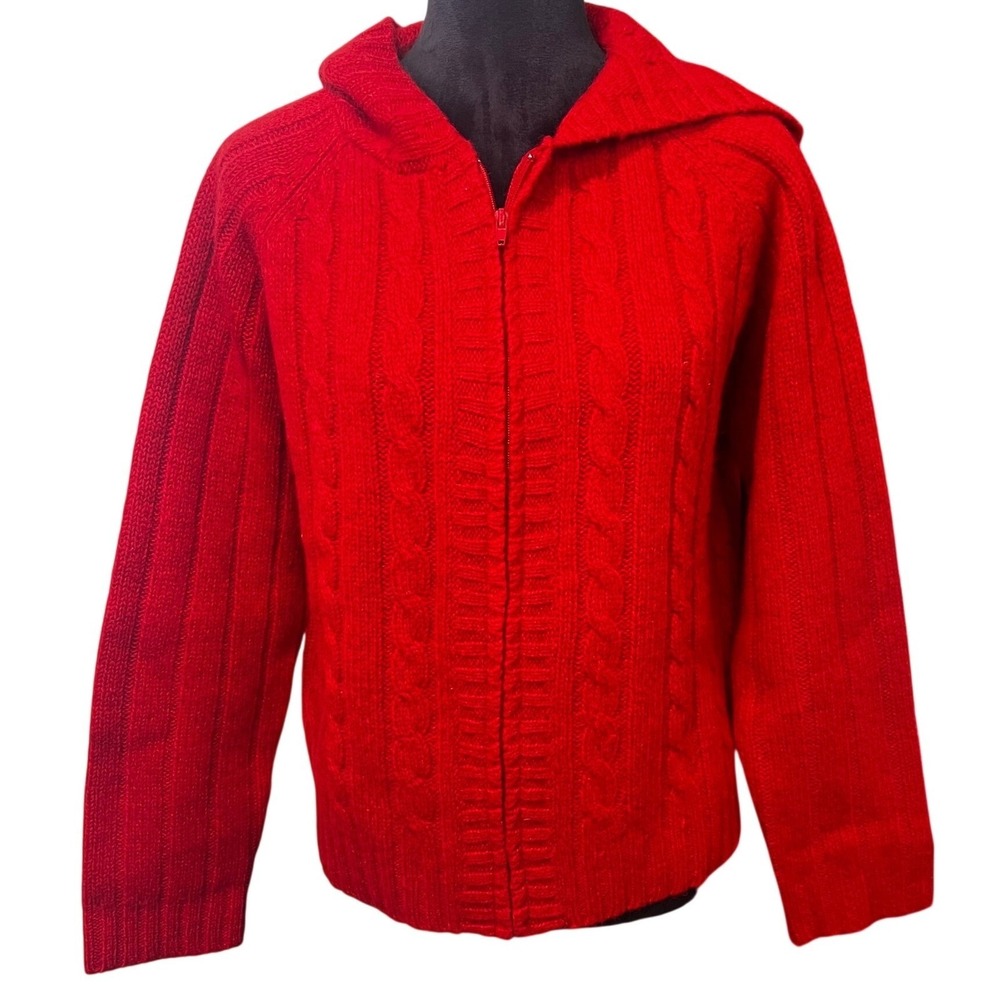 Vintage Carraig Donn Red 100% Shetland Wool Cable Knit Zip Up Hoodie Womens L